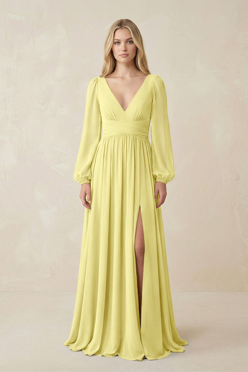 V-Neck Long Sleeve A-Line Chiffon Bridesmaid Dress in Buttercup - KISS BRIDAL BRIDESMAID DRESSES