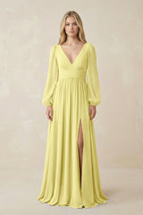 V-Neck Long Sleeve A-Line Chiffon Bridesmaid Dress in Buttercup - KISS BRIDAL BRIDESMAID DRESSES