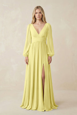 V-Neck Long Sleeve A-Line Chiffon Bridesmaid Dress in Buttercup - SHE IS ME BRIDESMAID DRESSES