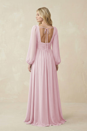 V-Neck Long Sleeve A-Line Chiffon Bridesmaid Dress in Candy Pink - SHE IS ME BRIDESMAID DRESSES