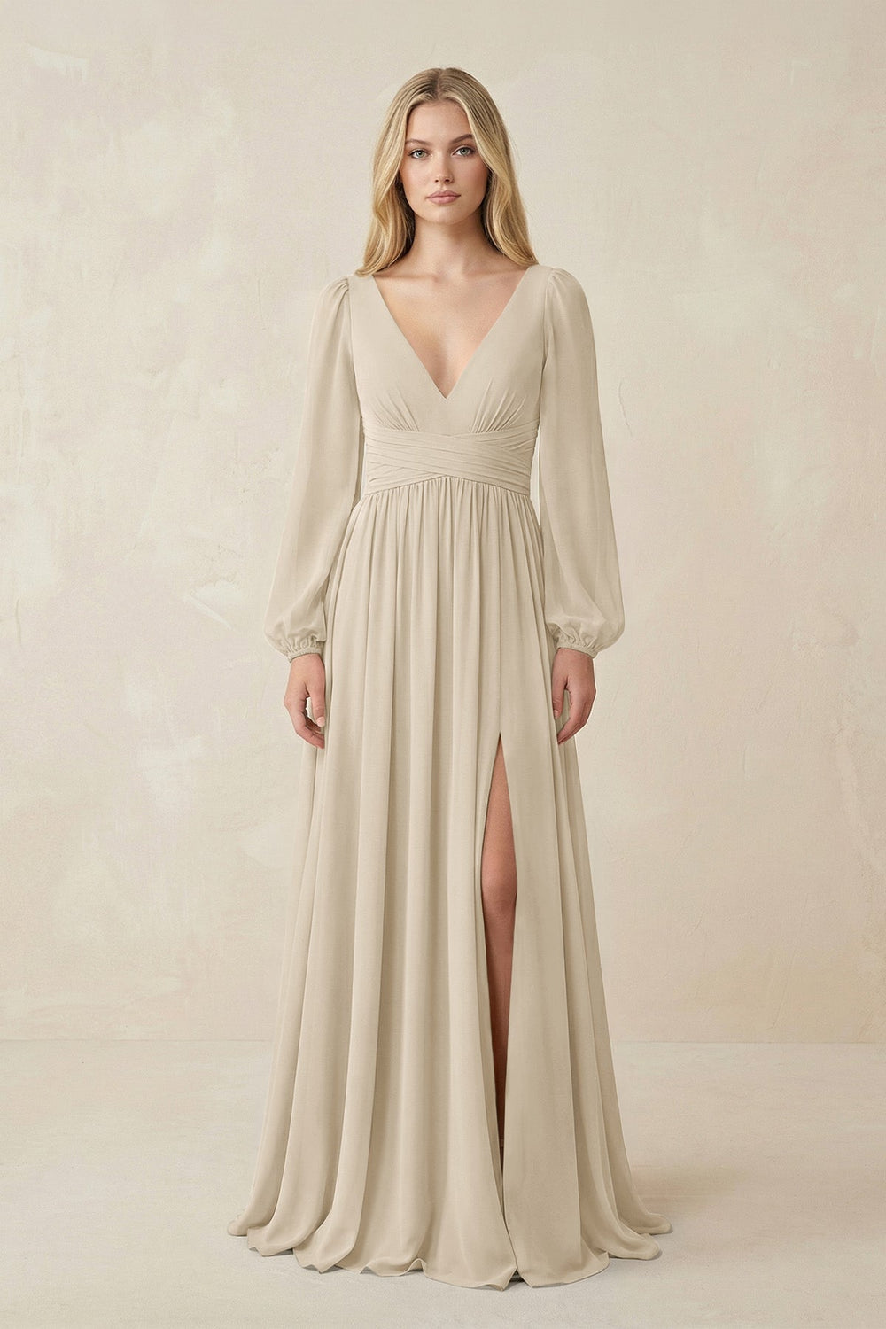 V-Neck Long Sleeve A-Line Chiffon Bridesmaid Dress in Champagne - KISS BRIDAL BRIDESMAID DRESSES