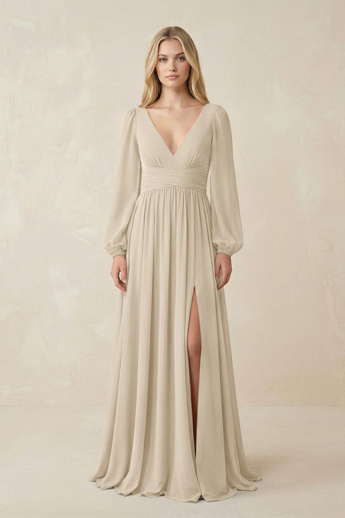 V-Neck Long Sleeve A-Line Chiffon Bridesmaid Dress in Champagne - SHE IS ME BRIDESMAID DRESSES