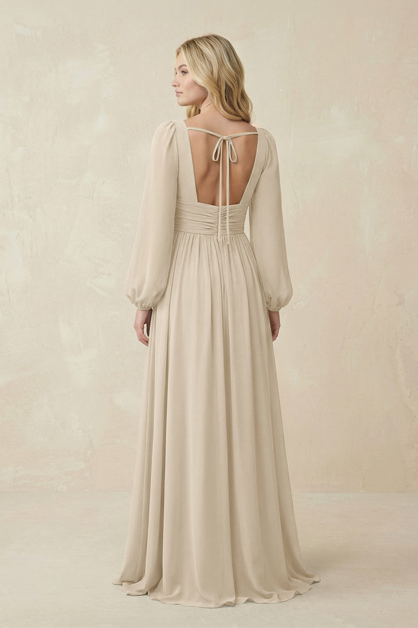 V-Neck Long Sleeve A-Line Chiffon Bridesmaid Dress in Champagne - SHE IS ME BRIDESMAID DRESSES