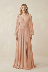 V-Neck Long Sleeve A-Line Chiffon Bridesmaid Dress in Champagne Rose - KISS BRIDAL BRIDESMAID DRESSES