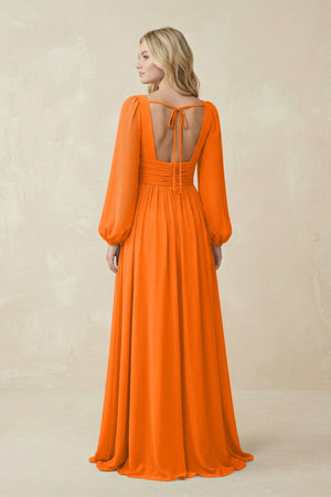 V-Neck Long Sleeve A-Line Chiffon Bridesmaid Dress in Cinnamon - SHE IS ME BRIDESMAID DRESSES
