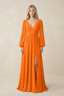 V-Neck Long Sleeve A-Line Chiffon Bridesmaid Dress in Cinnamon - SHE IS ME BRIDESMAID DRESSES