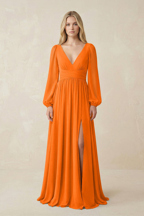 V-Neck Long Sleeve A-Line Chiffon Bridesmaid Dress in Cinnamon - SHE IS ME BRIDESMAID DRESSES