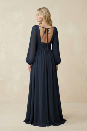 V-Neck Long Sleeve A-Line Chiffon Bridesmaid Dress in Dark Navy - SHE IS ME BRIDESMAID DRESSES