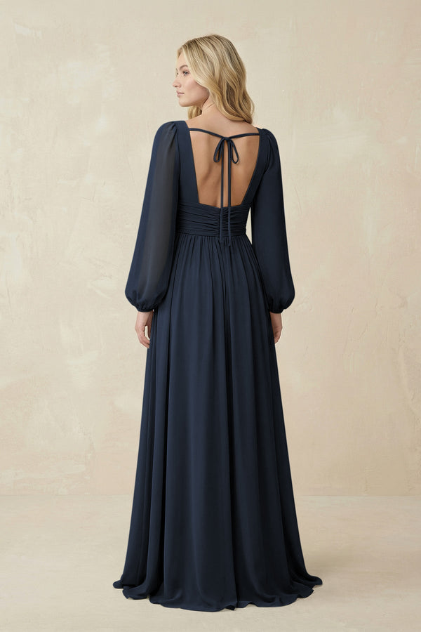V-Neck Long Sleeve A-Line Chiffon Bridesmaid Dress in Dark Navy - SHE IS ME BRIDESMAID DRESSES