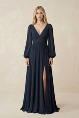 V-Neck Long Sleeve A-Line Chiffon Bridesmaid Dress in Dark Navy - KISS BRIDAL BRIDESMAID DRESSES