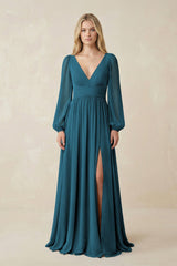 V-Neck Long Sleeve A-Line Chiffon Bridesmaid Dress in Dark Teal - KISS BRIDAL BRIDESMAID DRESSES