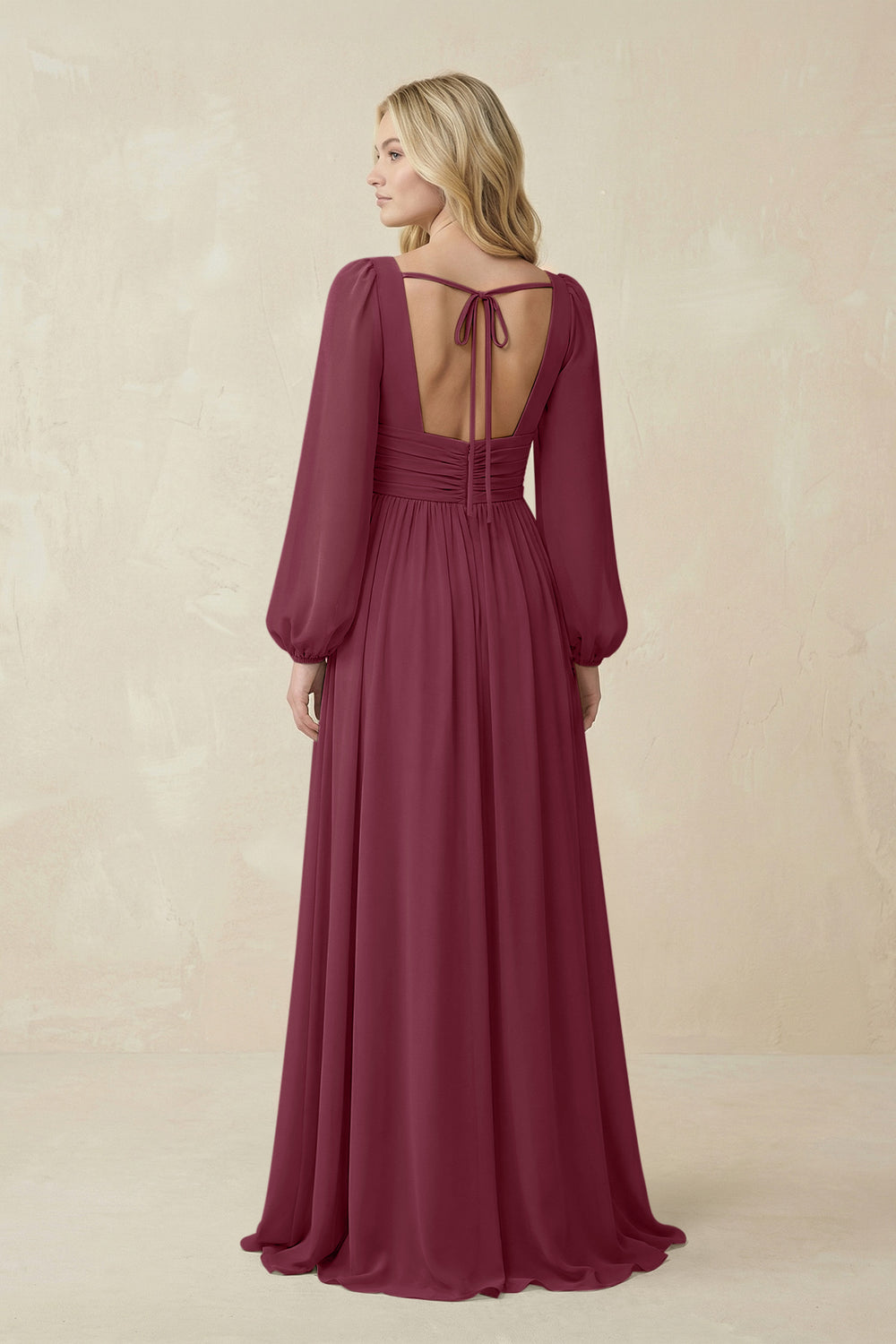 V-Neck Long Sleeve A-Line Chiffon Bridesmaid Dress in Desert Rose