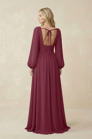 V-Neck Long Sleeve A-Line Chiffon Bridesmaid Dress in Desert Rose (2) | KISSBRIDAL