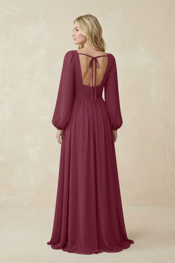 V-Neck Long Sleeve A-Line Chiffon Bridesmaid Dress in Desert Rose (2) | KISSBRIDAL