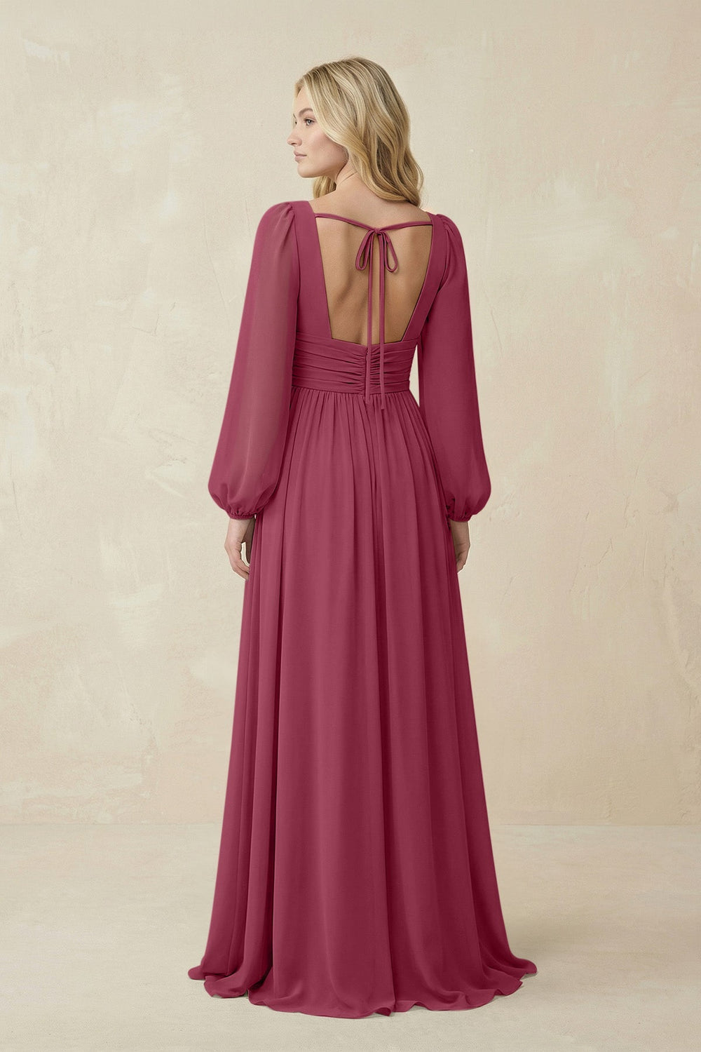 V-Neck Long Sleeve A-Line Chiffon Bridesmaid Dress in Desert Rose - KISS BRIDAL BRIDESMAID DRESSES