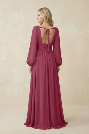 V-Neck Long Sleeve A-Line Chiffon Bridesmaid Dress in Desert Rose - SHE IS ME BRIDESMAID DRESSES