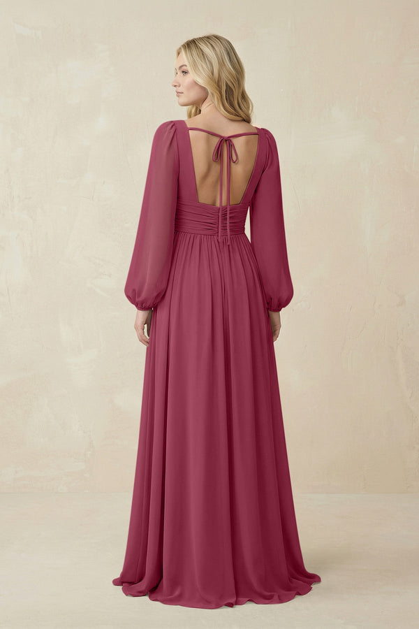 V-Neck Long Sleeve A-Line Chiffon Bridesmaid Dress in Desert Rose - SHE IS ME BRIDESMAID DRESSES
