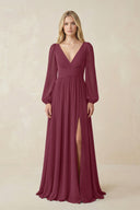 V-Neck Long Sleeve A-Line Chiffon Bridesmaid Dress in Desert Rose | KISSBRIDAL