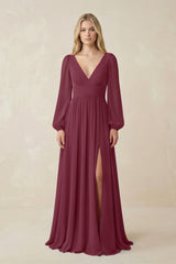 V-Neck Long Sleeve A-Line Chiffon Bridesmaid Dress in Desert Rose | KISSBRIDAL