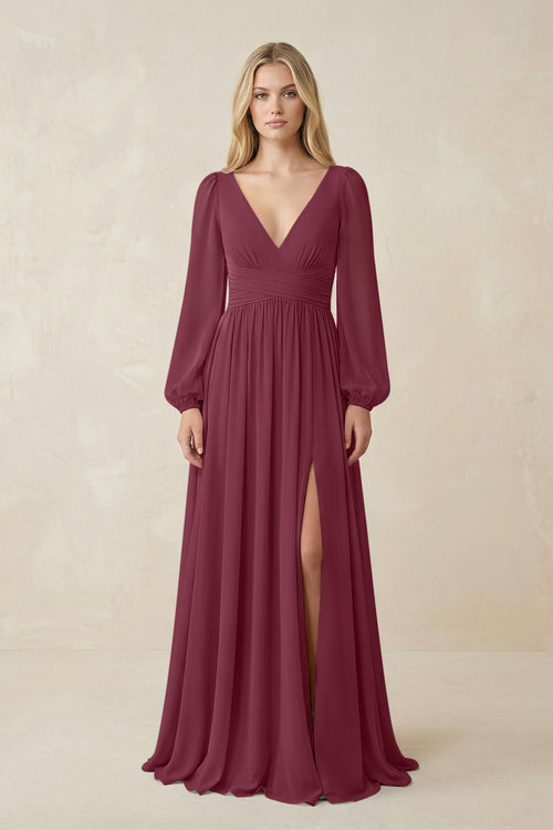V-Neck Long Sleeve A-Line Chiffon Bridesmaid Dress in Desert Rose | KISSBRIDAL