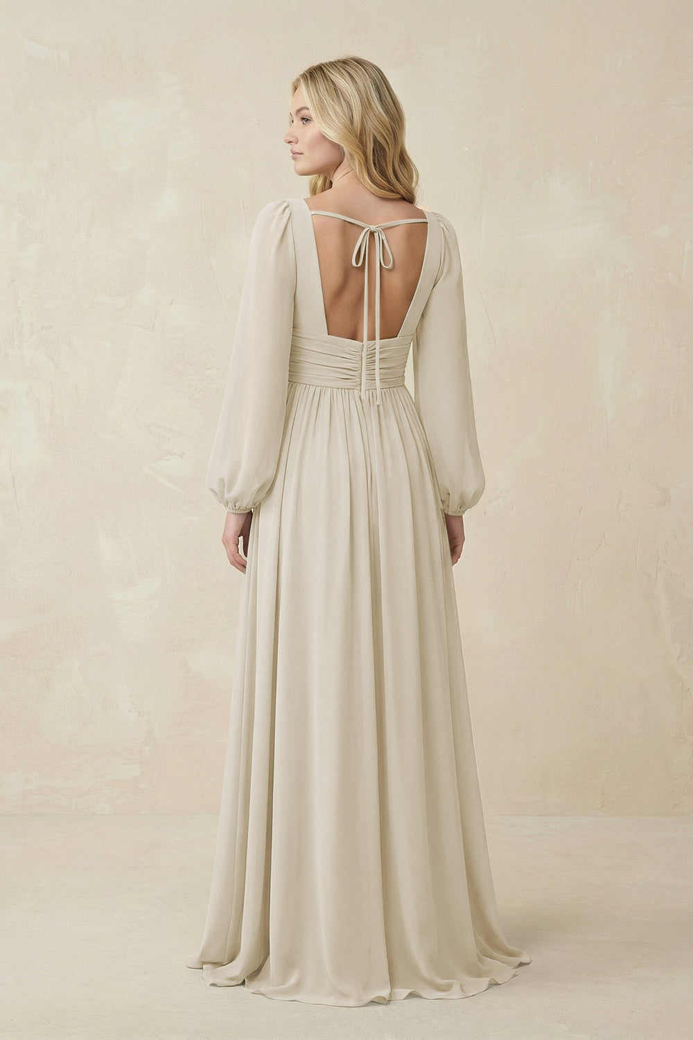 V-Neck Long Sleeve A-Line Chiffon Bridesmaid Dress in Dove Gray - KISS BRIDAL BRIDESMAID DRESSES