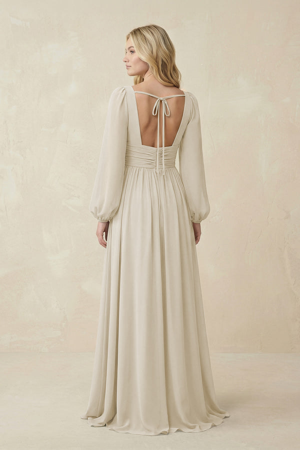 V-Neck Long Sleeve A-Line Chiffon Bridesmaid Dress in Dove Gray - SHE IS ME BRIDESMAID DRESSES