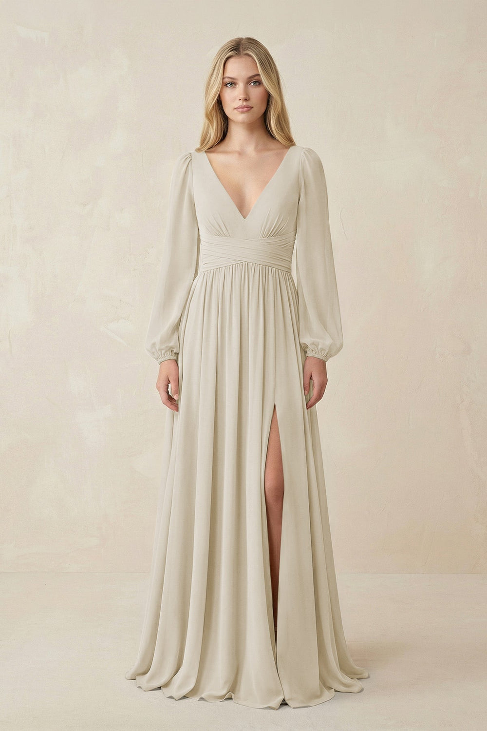 V-Neck Long Sleeve A-Line Chiffon Bridesmaid Dress in Dove Gray - KISS BRIDAL BRIDESMAID DRESSES