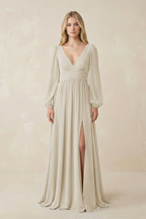 V-Neck Long Sleeve A-Line Chiffon Bridesmaid Dress in Dove Gray - KISS BRIDAL BRIDESMAID DRESSES