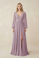 V-Neck Long Sleeve A-Line Chiffon Bridesmaid Dress in Dusk - SHE IS ME BRIDESMAID DRESSES