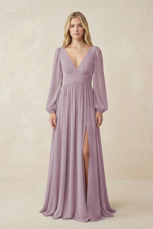 V-Neck Long Sleeve A-Line Chiffon Bridesmaid Dress in Dusk - SHE IS ME BRIDESMAID DRESSES