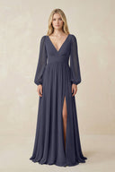 V-Neck Long Sleeve A-Line Chiffon Bridesmaid Dress in Dusk Blue - SHE IS ME BRIDESMAID DRESSES