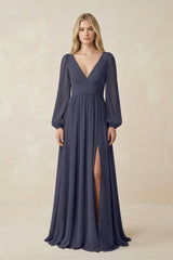 V-Neck Long Sleeve A-Line Chiffon Bridesmaid Dress in Dusk Blue - KISS BRIDAL BRIDESMAID DRESSES
