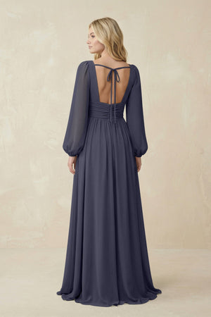 V-Neck Long Sleeve A-Line Chiffon Bridesmaid Dress in Dusk Blue - SHE IS ME BRIDESMAID DRESSES