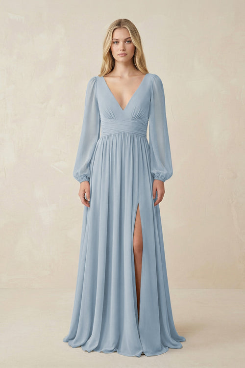 V-Neck Long Sleeve A-Line Chiffon Bridesmaid Dress in Dusty Blue - SHE IS ME BRIDESMAID DRESSES