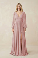 V-Neck Long Sleeve A-Line Chiffon Bridesmaid Dress in Dusty Rose - SHE IS ME BRIDESMAID DRESSES