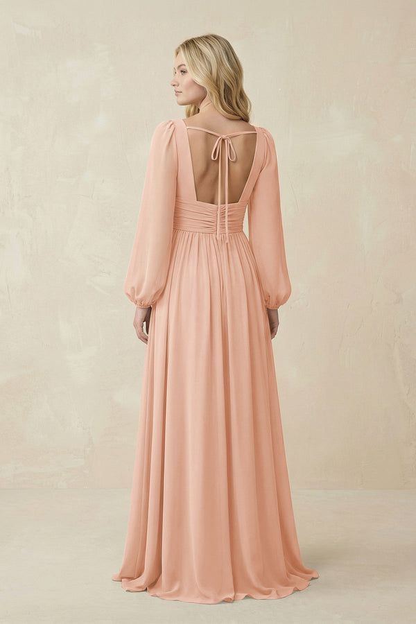 V-Neck Long Sleeve A-Line Chiffon Bridesmaid Dress in English Rose - SHE IS ME BRIDESMAID DRESSES