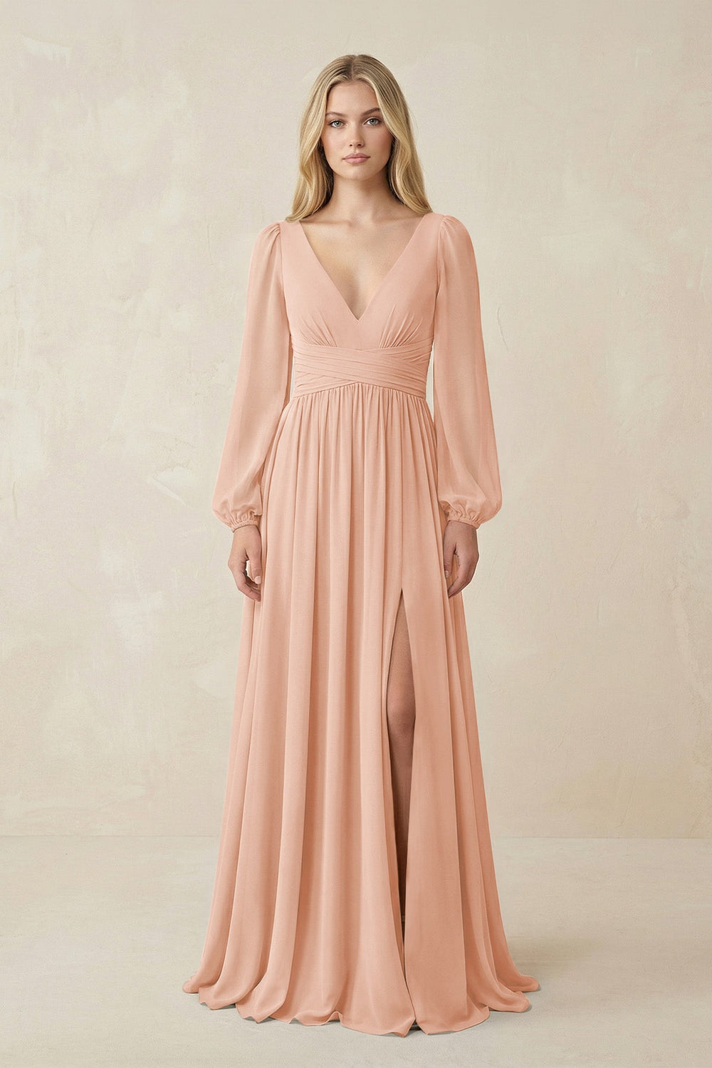 V-Neck Long Sleeve A-Line Chiffon Bridesmaid Dress in English Rose - KISS BRIDAL BRIDESMAID DRESSES