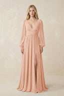V-Neck Long Sleeve A-Line Chiffon Bridesmaid Dress in English Rose - SHE IS ME BRIDESMAID DRESSES