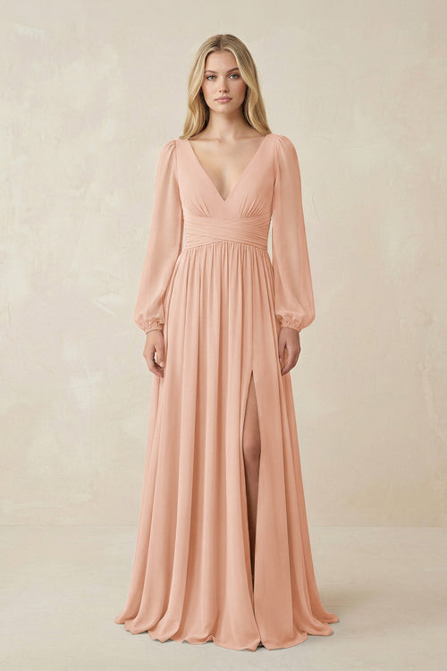 V-Neck Long Sleeve A-Line Chiffon Bridesmaid Dress in English Rose - SHE IS ME BRIDESMAID DRESSES
