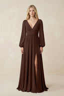 V-Neck Long Sleeve A-Line Chiffon Bridesmaid Dress in Espresso - SHE IS ME BRIDESMAID DRESSES