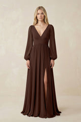 V-Neck Long Sleeve A-Line Chiffon Bridesmaid Dress in Espresso - KISS BRIDAL BRIDESMAID DRESSES