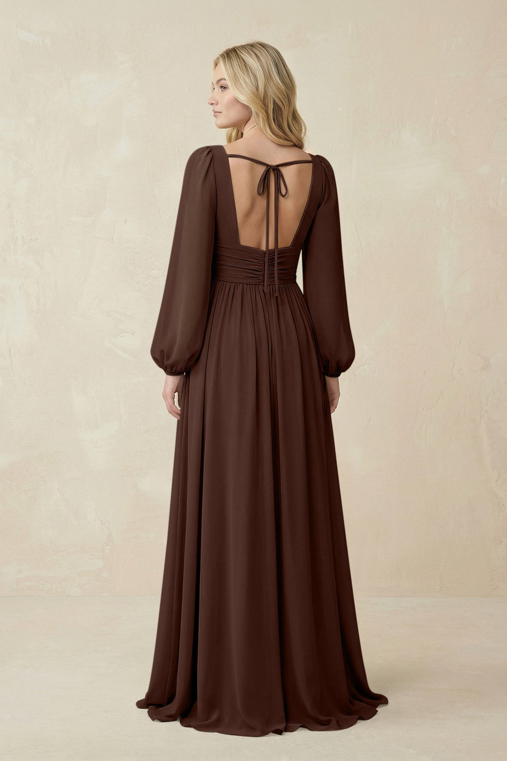 V-Neck Long Sleeve A-Line Chiffon Bridesmaid Dress in Espresso - KISS BRIDAL BRIDESMAID DRESSES