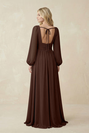 V-Neck Long Sleeve A-Line Chiffon Bridesmaid Dress in Espresso - SHE IS ME BRIDESMAID DRESSES