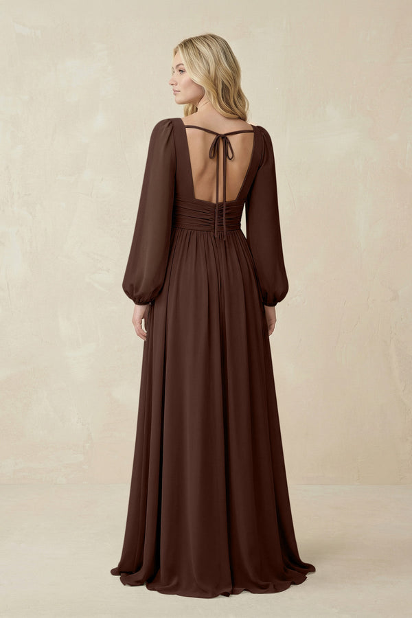 V-Neck Long Sleeve A-Line Chiffon Bridesmaid Dress in Espresso - SHE IS ME BRIDESMAID DRESSES