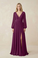 V-Neck Long Sleeve A-Line Chiffon Bridesmaid Dress in Fig - SHE IS ME BRIDESMAID DRESSES