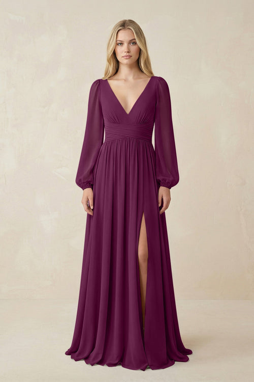 V-Neck Long Sleeve A-Line Chiffon Bridesmaid Dress in Fig - SHE IS ME BRIDESMAID DRESSES
