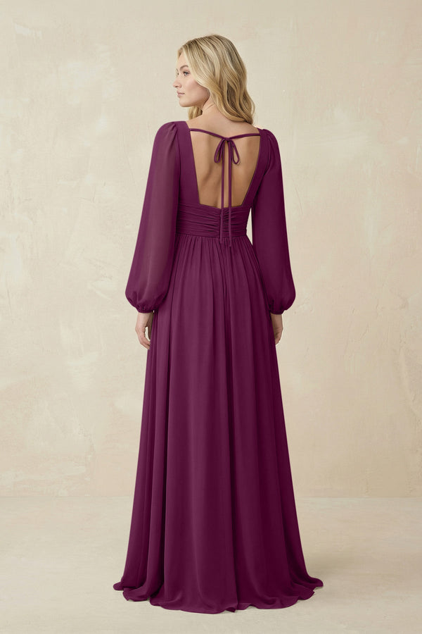 V-Neck Long Sleeve A-Line Chiffon Bridesmaid Dress in Fig - SHE IS ME BRIDESMAID DRESSES