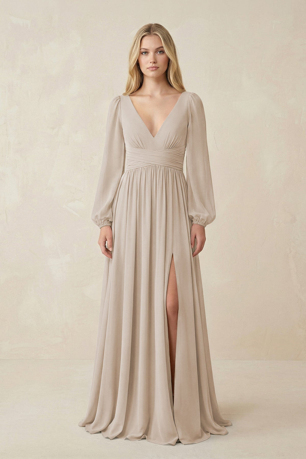 V-Neck Long Sleeve A-Line Chiffon Bridesmaid Dress in Frost - KISS BRIDAL BRIDESMAID DRESSES