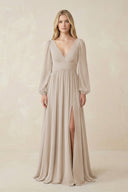 V-Neck Long Sleeve A-Line Chiffon Bridesmaid Dress in Frost - SHE IS ME BRIDESMAID DRESSES