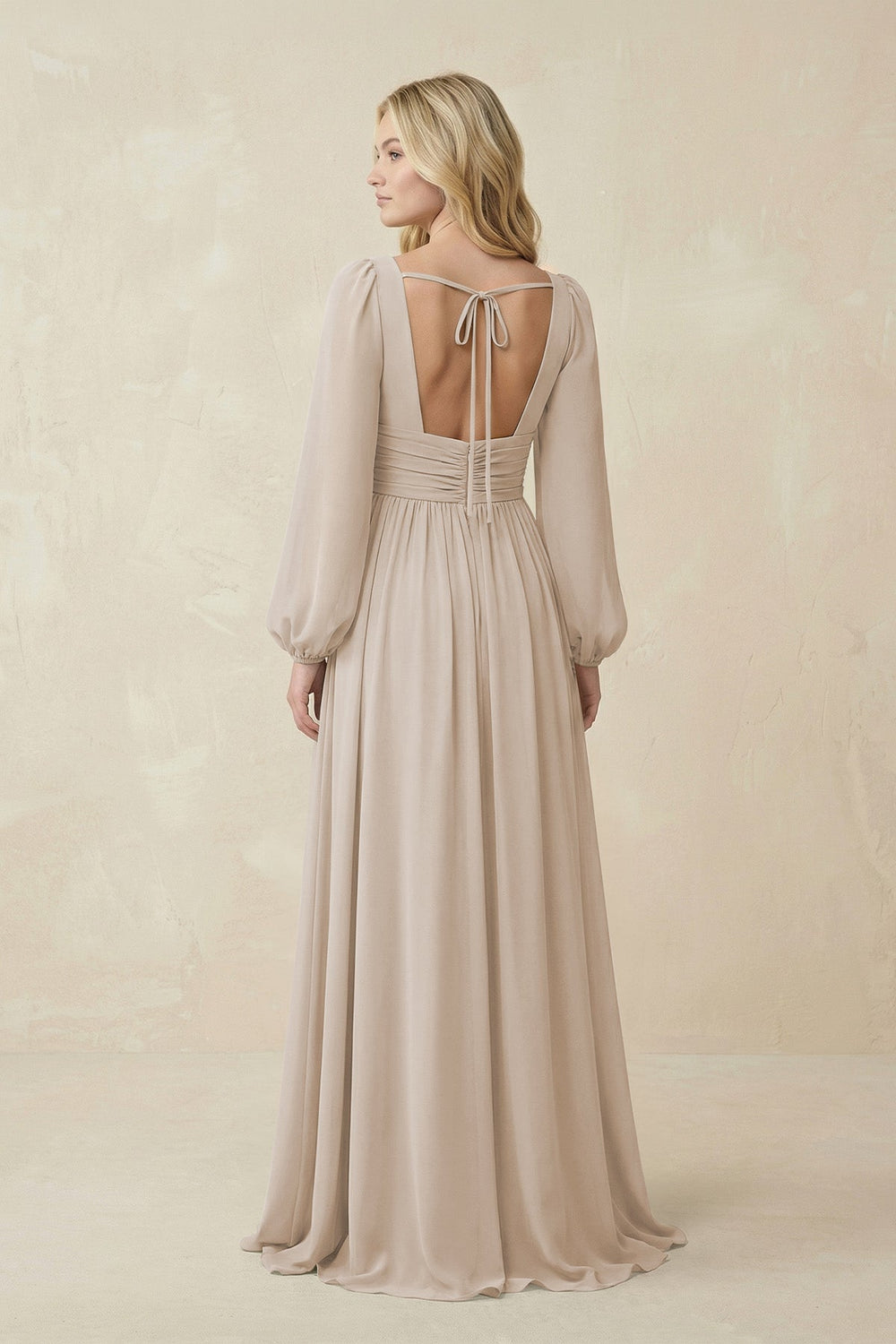 V-Neck Long Sleeve A-Line Chiffon Bridesmaid Dress in Frost - KISS BRIDAL BRIDESMAID DRESSES